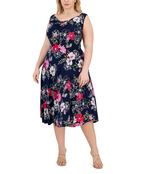 Plus Size Floral-Print Cowlneck Midi Dress