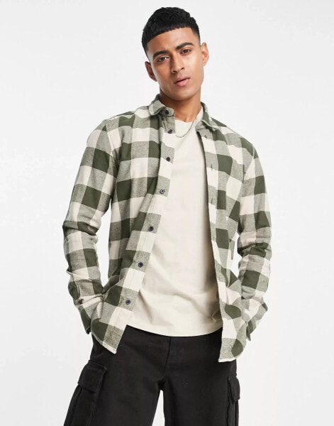 ONLY & SONS buffalo check shirt in khaki and beige