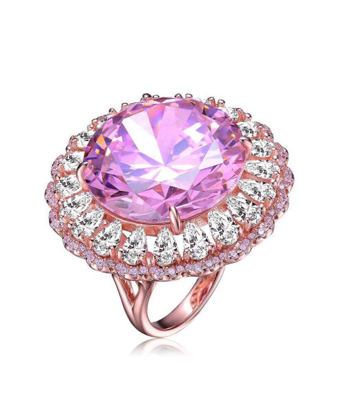 Sterling Silver 18K Rose Gold Plated with Purple Round Cubic Zirconia and Petals of Cubic Zirconia Flower Ring