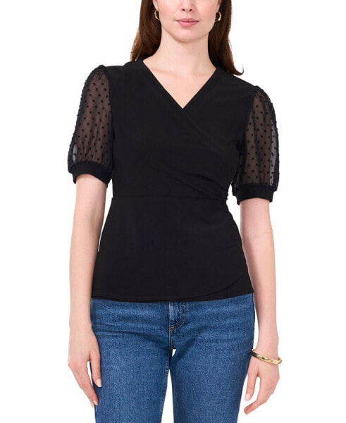 Women's Wrap-Front Sheer Puff-Sleeve Top