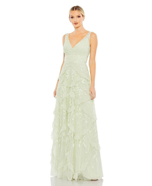 Women's Sequined Scallop Ruffle Tiered V-Neck Gown