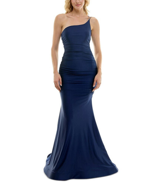 Juniors' One-Shoulder Side-Ruched Gown