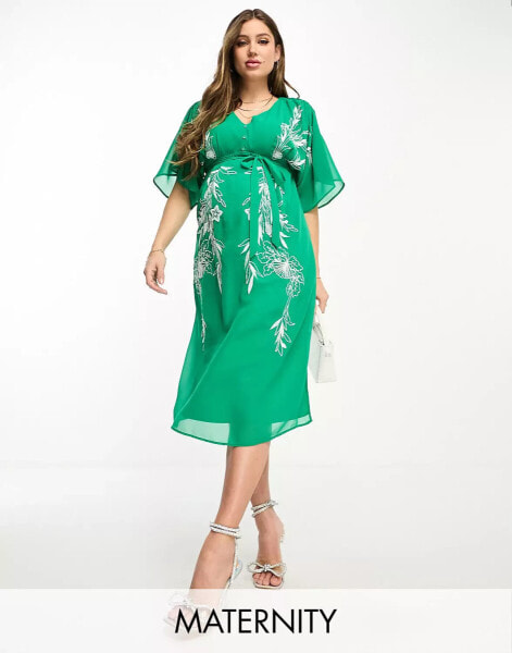 Hope & Ivy Maternity plunge front embroidered midi dress in green