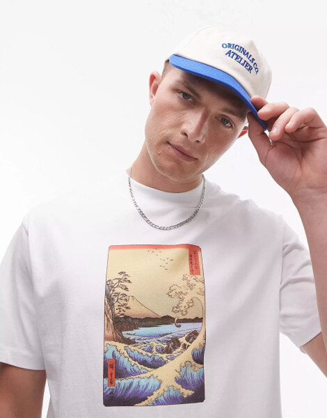 TOPMAN X ASHMOLEAN oversized fit t-shirt with wave and volcano print in white