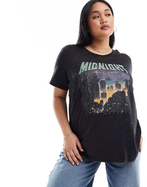 ONLY Curve oversized embellished graphic t-shirt in washed black