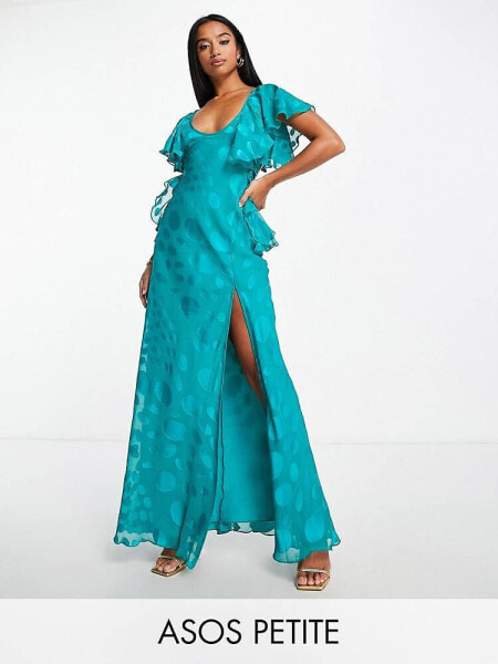 ASOS DESIGN Petite satin spot flutter sleeve maxi dress with open back in deep aqua 