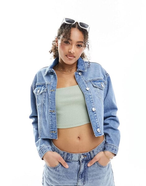 New Look cropped denim jacket in mid blue