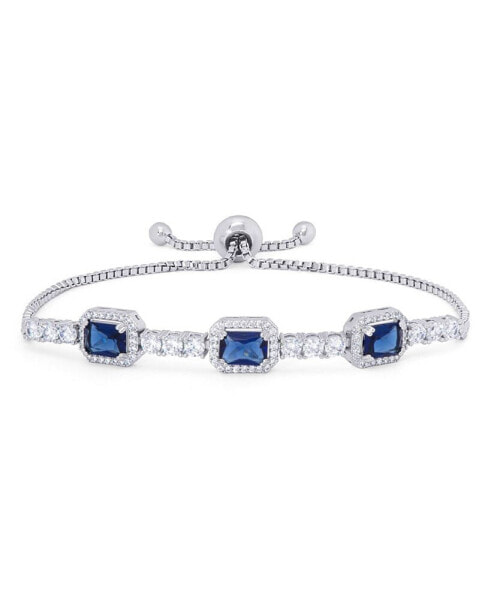 Lab Created Sapphire and Cubic Zirconia Emerald-Cut Adjustable Bolo Bracelet in Fine Silver Plate