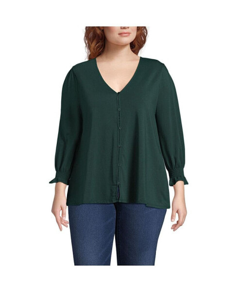 Plus Size 3/4 Sleeve Lightweight Jersey Button Front Top