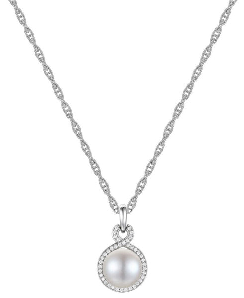 Cultured Freshwater Pearl (9mm) & Diamond (1/5 ct. t.w.) Halo 18" Pendant Necklace in Sterling Silver