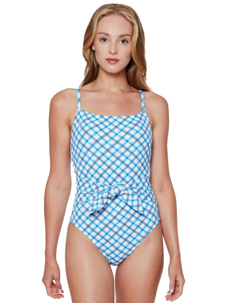 Jessica Simpson Standard Straight Neck One Piece Swimsuit, Caspian Plaid, L