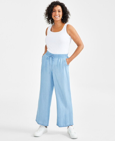 Women's Chambray High-Rise Wide-Leg Pull-On Pants, Created for Macy's