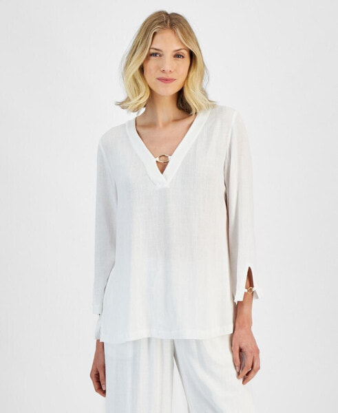 Women's Linen Blend Split-Cuff Long-Sleeve O-Ring Top, Created for Macy's