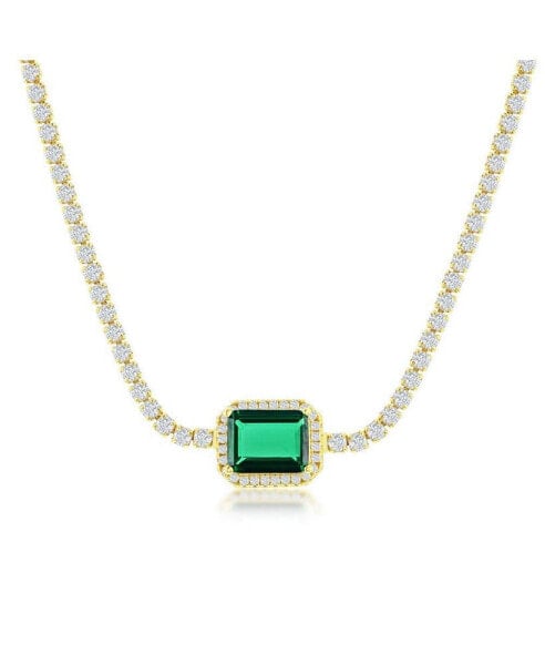 Sterling Silver Asscher-Cut Emerald CZ Tennis Choker - Gold Plated