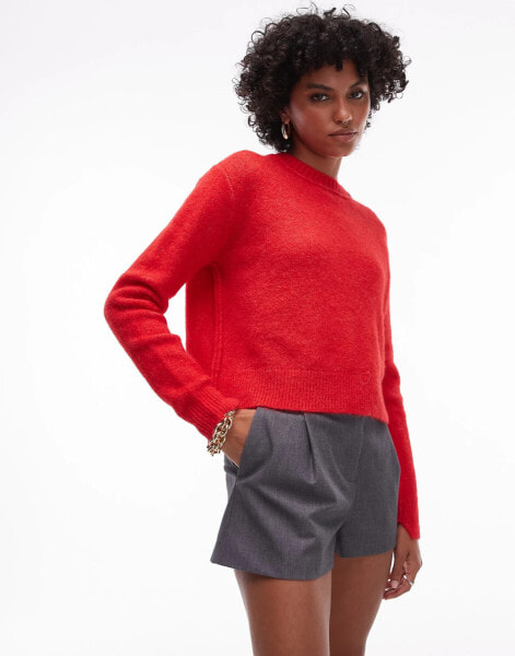 Topshop – Strickpullover in Rot mit Rundhalsausschnitt, Raglanärmeln und sichtbaren Nähten