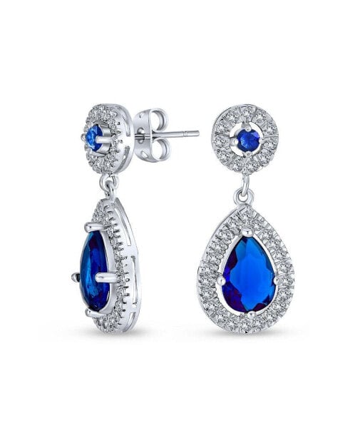 Fashion Blue CZ Halo Teardrop Drop Earrings For Women For Prom Simulated Sapphire Cubic Zirconia Rhodium Plated Brass