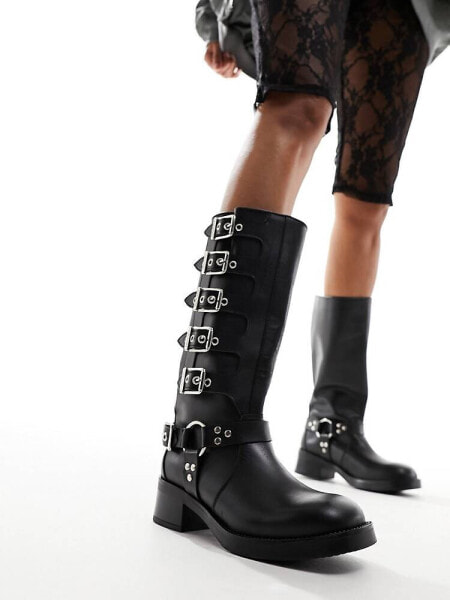Steve Madden Battle leather biker boots in black with multi buckles