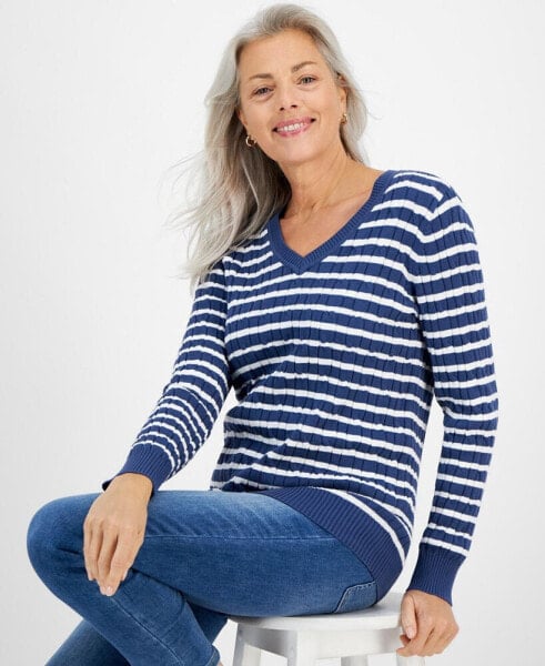 Women's Cotton Striped Cable-Knit V-Neck Sweater, Created for Macy's