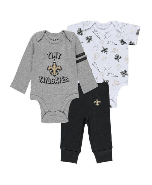 Newborn and Infant Boys and Girls Gray, Black, White New Orleans Saints Three-Piece Turn Me Around Bodysuits and Pant Set