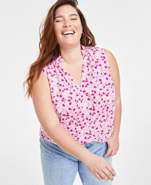 Trendy Plus Size Floral-Print Smocked-Trim Top, Created for Macy's