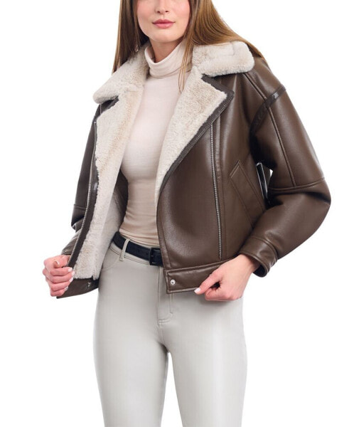 Women's Cropped Faux-Leather Motorcycle Coat