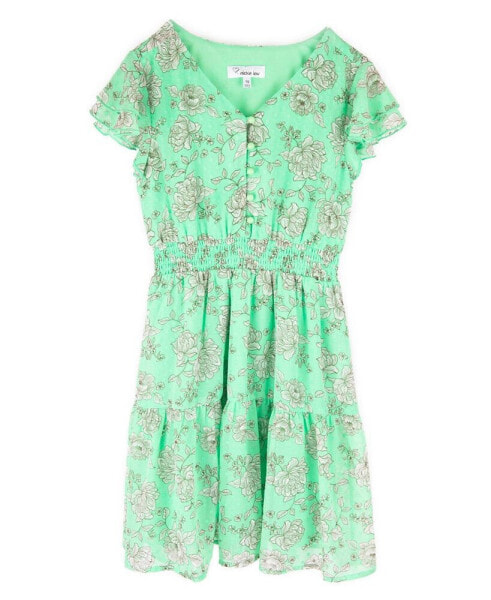 Big Girls Short Sleeve Lime Floral Chiffon Dress