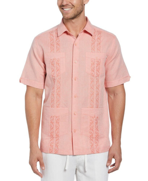 Men's Embroidered-Panel Linen Blend Guayabera Shirt