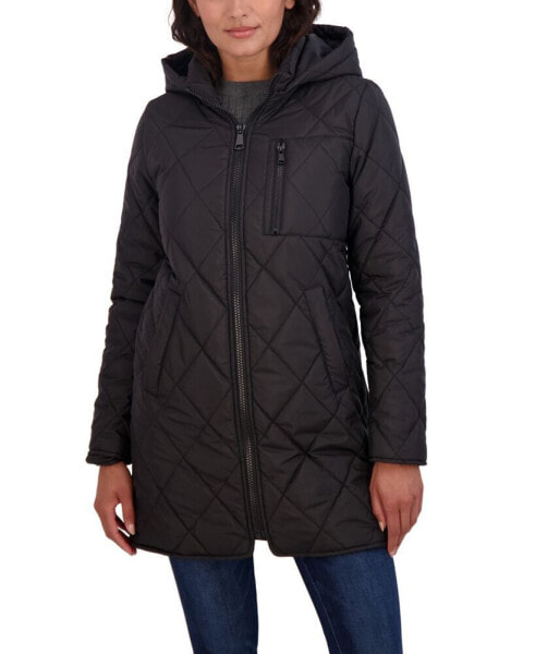 Women's Junior's 3/4 Quilted Jacket with Hood