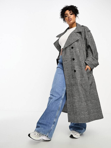 ASOS DESIGN Curve heritage check trench coat in mono 