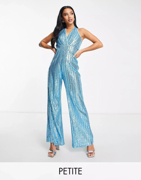 Jaded Rose Petite halterneck wide leg jumpsuit in blue stripe sequin