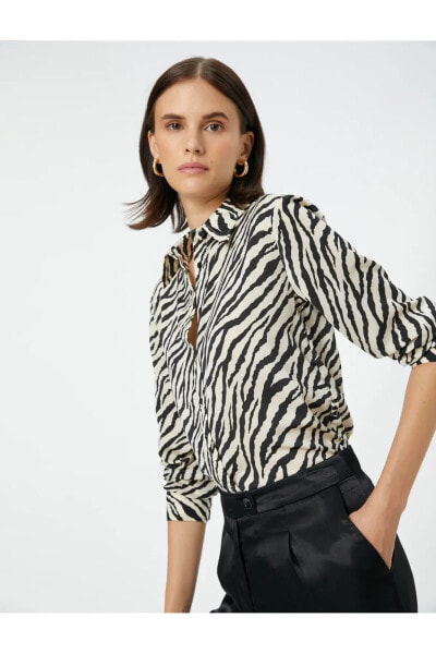 Zebra Desenli Gömlek Klasik Yaka Uzun Kollu