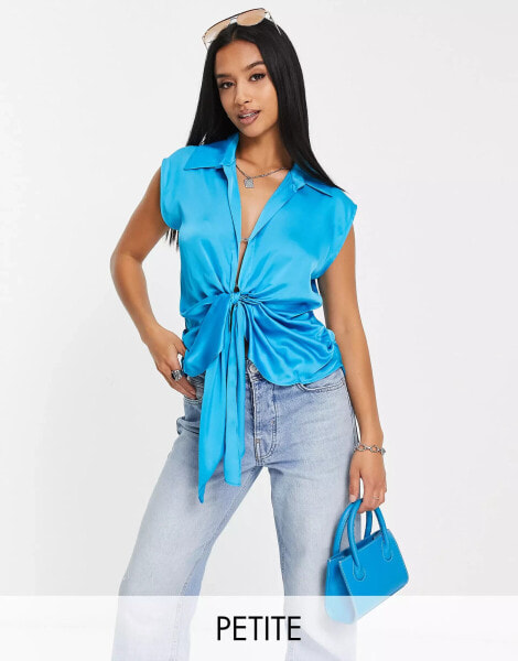 River Island Petite – Ärmelloses Hemd in leuchtendem Blau mit Knoten vorne