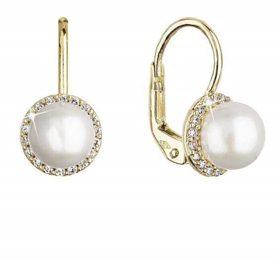 Luxury yellow gold dangling earrings with real pearls 91P00020