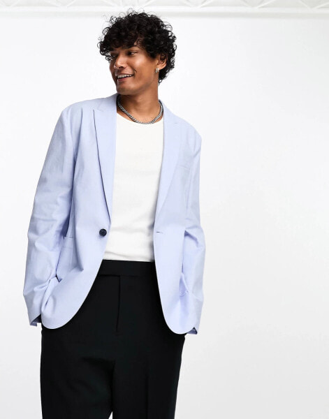 ASOS DESIGN skinny linen mix suit jacket in blue