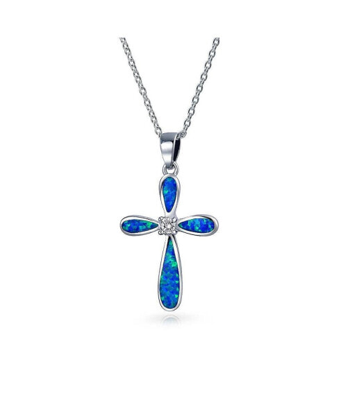 Religious Faith Hope Love CZ Accent Created Blue Synthetic Opal Cross Pendant Necklace For Women Sterling Silver