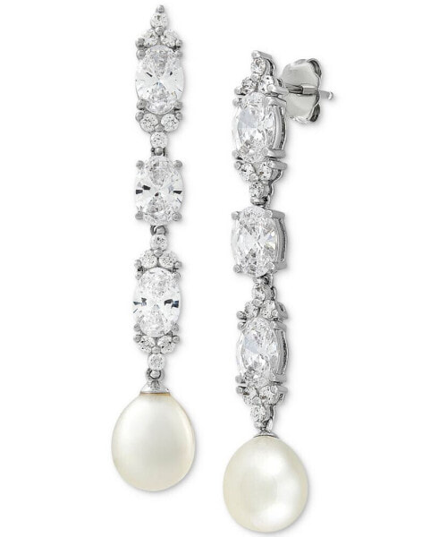 Cultured Freshwater Pearl (8-1/2mm) & Cubic Zirconia Linear Drop Earrings in Sterling Silver