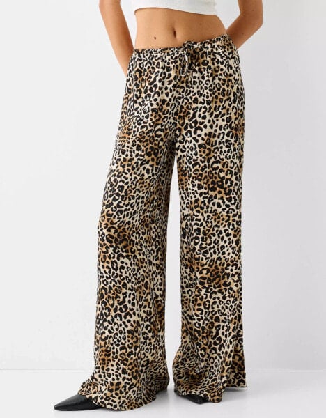 Bershka tie waist wide leg trousers in leopard print