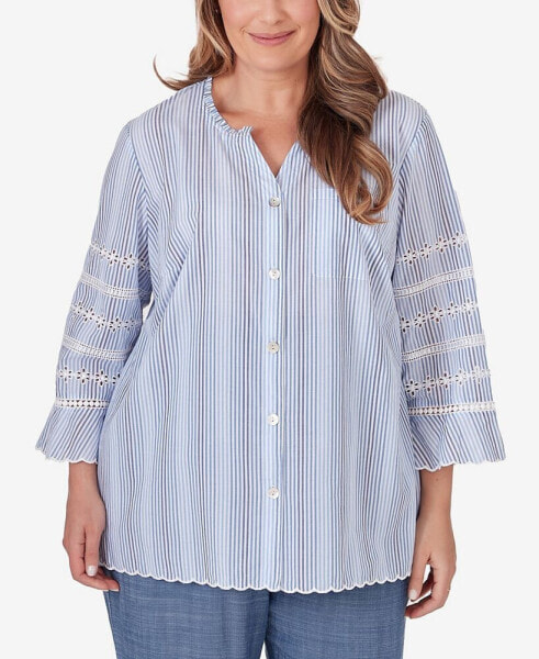 Plus Size Bayou Pinstripe Embroidered Button Down Top