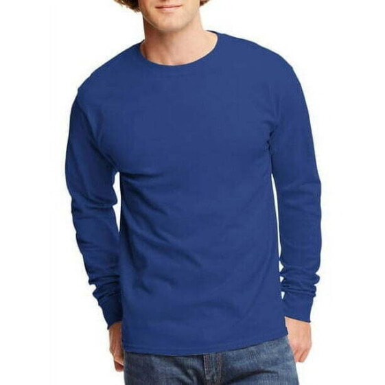 Hanes T-Shirt Men's XL Blue 100% Cotton Long Sleeve Tee Stretch Crew Neck