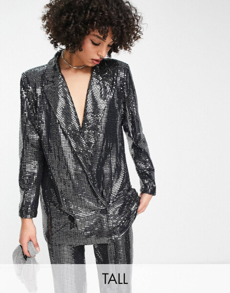 4th & Reckless Tall Exclusive – Schmal geschnittener Blazer in Metallic-Silber mit Pailletten, Kombiteil