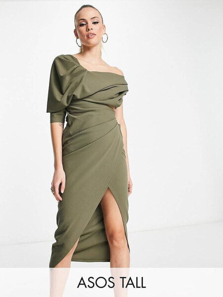 ASOS DESIGN Tall – Drapiertes Midikleid in Khaki mit gerafftem Oberteil und Zierausschnitt