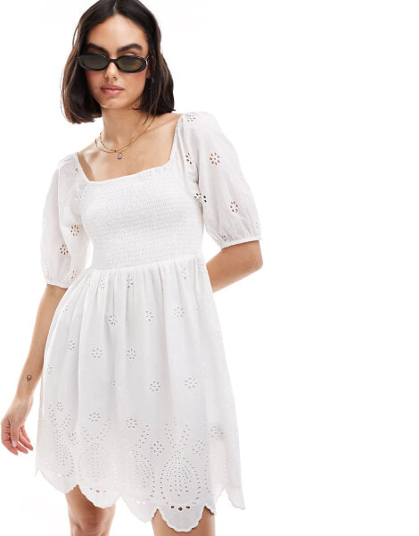 Wednesday's Girl broderie shirred detail mini smock dress in white