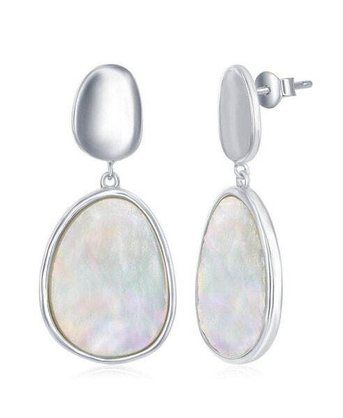 Sterling Silver Shiny Oval Disc and Mother of Pearl Earrings