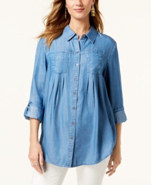 Style & Co Women's Pleated Roll Tab Sleeve Shirt Blue S