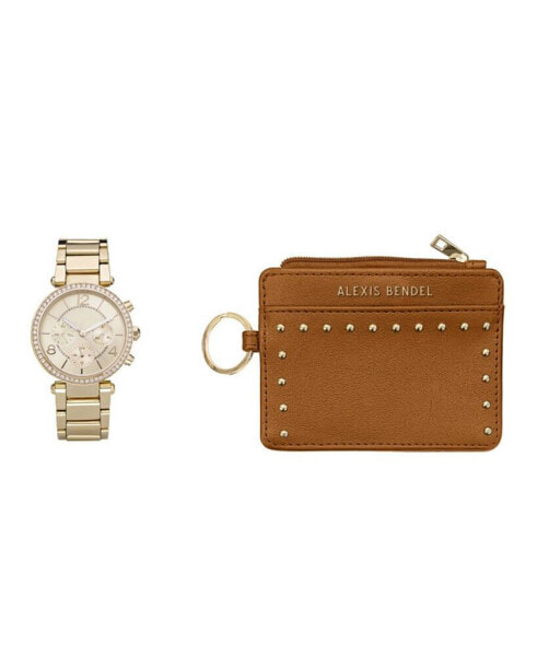 Women's Analog Gold-Tone Metal Alloy Bracelet Watch and Wallet, 36mm Gift Set