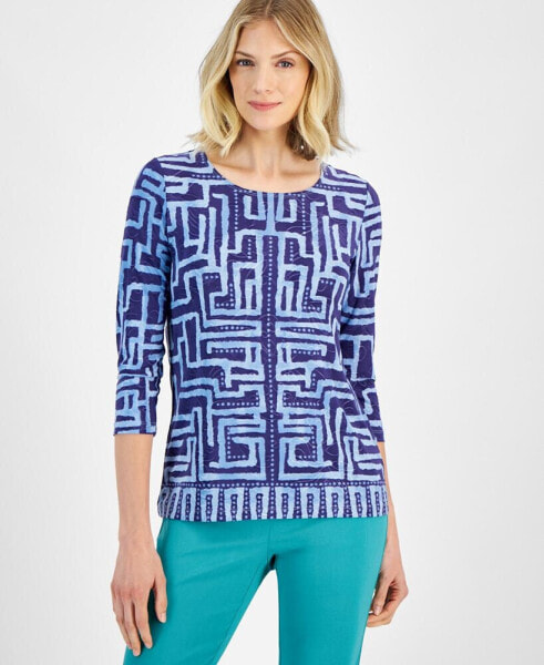 Petite Leah Labyrinth Print 3/4-Sleeve Top, Created for Macy's