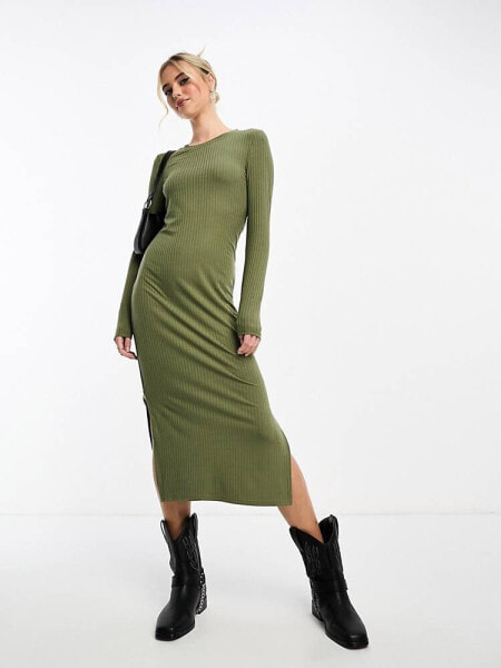 Pieces scoop neck bodycon midi dress in khaki