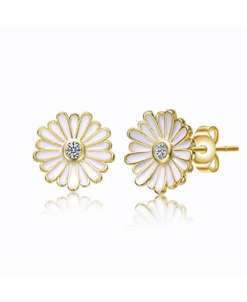 Teens 14k Yellow Gold Plated with Cubic Zirconia White Enamel Blooming Daisy Flower Stud Earrings