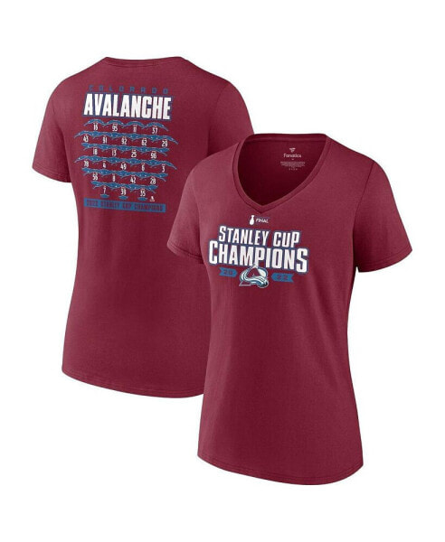 Women's Burgundy Colorado Avalanche 2022 Stanley Cup Champions Jersey Roster V-Neck T-shirt