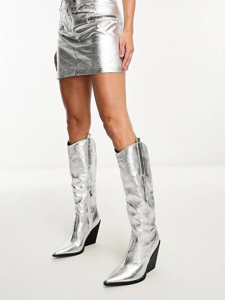 Public Desire Navada western knee boot in textured silver 